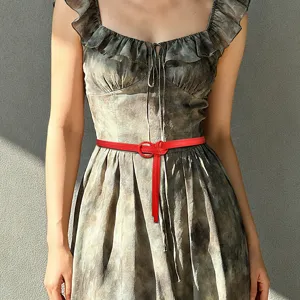 Women red thin leather belt vintage dress waist strap fashion decorative accessory