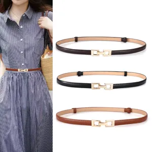 Women's thin waist belt with metal interlocking buckle, adjustable dress coat accessory.