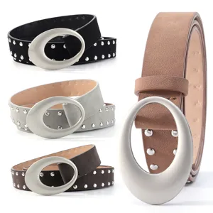 Women retro suede studded belt detail view, showing oval metal buckle and stylish design.
