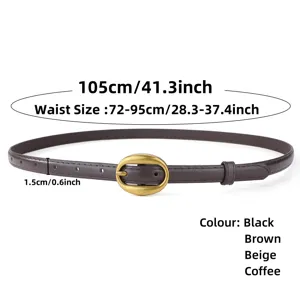 Détail de ceinture fine en cuir, boucle métal ovale, tour de taille 72-95cm, accessoire chic