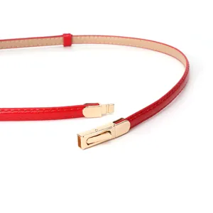 Detailed shot of red patent leather thin belt with gold metal clasp, sleek accessory.