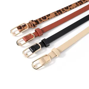 Detailed view of women's thin PU leather belt set featuring leopard, brown, black and beige.