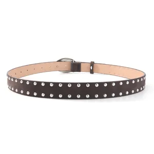 Brown suede studded belt detail shot, double row silver metal studs and retro buckle design.