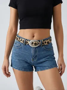 Damen Vintage Leo-Print Gürtel mit silberner ovaler Schließe Y2K Stil Jeans Taillen-Accessoire