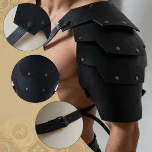 Medieval leather shoulder armor detail with multilayer plates, metal rivets and adjustable straps.