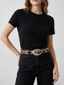 Damen Retro Leo-Muster Gürtel mit ovaler Schnalle, stilvolles Taillenaccessoire für Jeans.