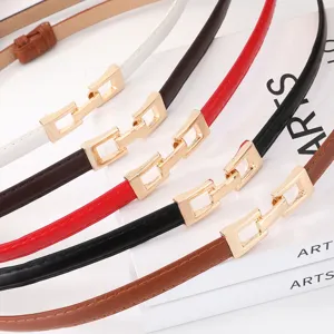 Detail shot of thin leather belt with gold metal buckle, adjustable waist accessory for dress.
