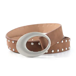 Brown suede studded belt with large silver oval buckle for women fashion denim 90s