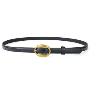 Ceinture fine en cuir noir pour femme avec boucle métallique ovale vintage, idéale pour robes.