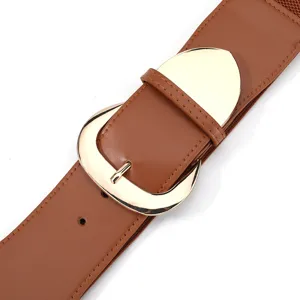 Close-up detail of wide brown elastic belt with large golden metal buckle fashion accessory