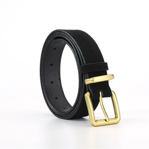 Black suede belt detail showing the vintage brass metal square buckle and soft texture close up