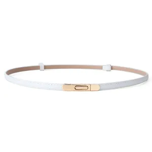 Slim white women's belt close up, elegant gold metal buckle detail, minimalist leather waist accessory.