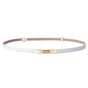 Elegant white thin belt featuring a stylish gold metal clasp and adjustable design details.