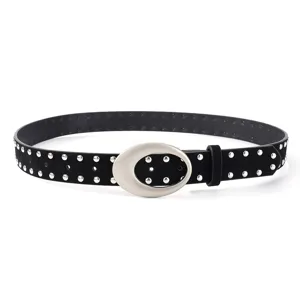 Retro black suede studded belt for women, featuring a silver oval buckle and metal studs.