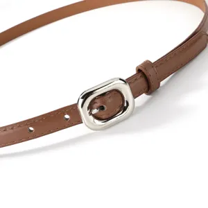 Detailed view of brown thin leather belt with silver square buckle, ideal for waist accessory.
