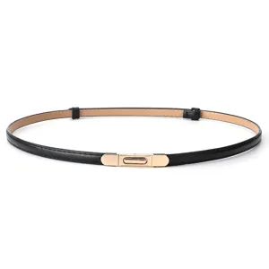Women's thin black leather belt with gold metal interlocking buckle detail shot
