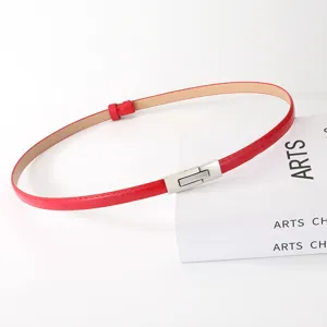 Red patent leather thin waist belt for women stylish metal buckle dress accessory detail