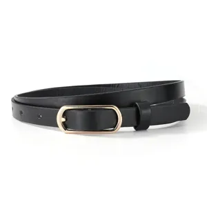 Women's thin black PU leather belt with gold rectangular buckle variant style.