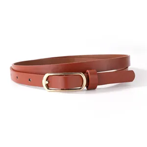 Women Brown PU Leather Skinny Belt with Gold Buckle for Dress Jeans Pants Variant Style