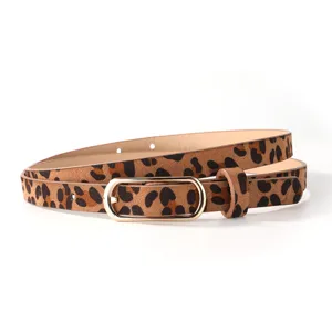 Women leopard print PU leather skinny belt with gold oval buckle for dress pants jeans