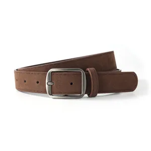Retro brown faux suede belt for women with vintage silver square buckle for jeans apparel.