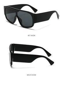 Vista dettagliata occhiali da sole maschera oversize, montatura spessa nera, anti-UV.
