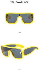 Cyberpunk futuristic shield sunglasses with yellow frames and dark lenses, front and side detail.