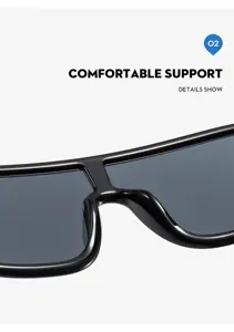 Cyberpunk shield sunglasses detail shot showing sleek black frame and nose bridge design.