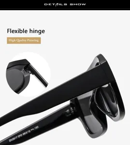 Black square sunglasses detailed shot showing flexible hinge and high quality painting finish.