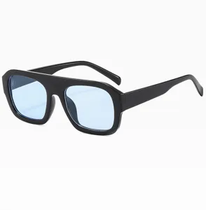 Chic flat top sunglasses for women, trendy square thick frame with light blue UV lenses.