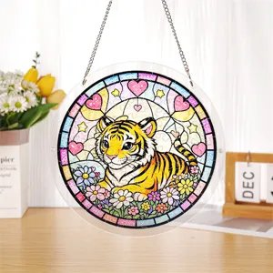 Ornamento appeso puzzle tigre in vetro colorato acrilico, simpatico ciondolo acchiappasole.