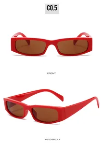 Vista detallada de gafas de sol rojas cuadradas con lentes marrones, frente y ángulo.