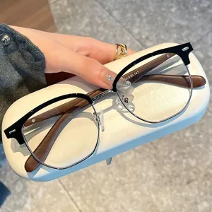 Montura de Gafas Ópticas Cuadradas de Media Montura Ultra Ligeras Retro Para Hombres Mujeres Bloqueo de Luz Azul Patillas de Grano de Madera