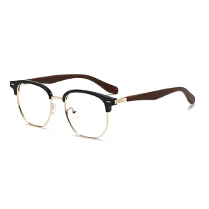 Gafas retro ligeras de media montura con patillas efecto madera, montura de luz azul.