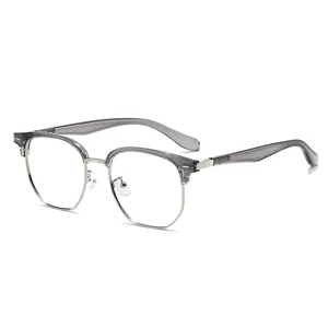 Gafas semi-montura retro con lentes transparentes, diseño elegante gris y plateado para uso diario.