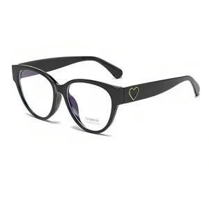 Vintage black cat-eye glasses with cute gold heart temple detail, anti-blue light clear lens for daily wear.
