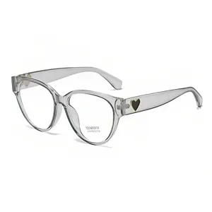 Clear grey cat eye glasses frame with charming black heart temple decor for women daily wear.