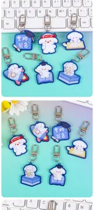 Cute cartoon white dog acrylic keychain detail, student backpack pendant and study gift.