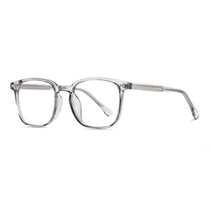Montatura per occhiali quadrata TR90 grigia trasparente anti luce blu per viso tondo.