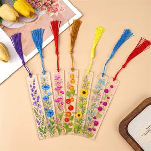 Clear acrylic dried flower bookmark set with colorful tassels, creative student gift item.
