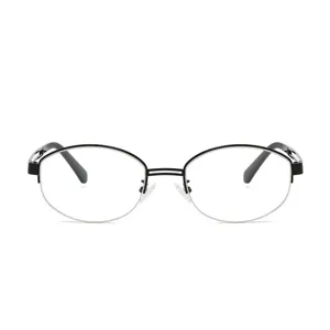 Vintage Halbrand-Optikbrille mit einem eleganten ovalen Metalldrahtgestell für Damen.