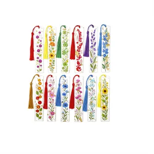 Clear acrylic floral bookmarks with colorful tassels, pretty stationery gifts for students.
