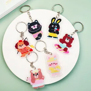 Mignon Porte-clés en Acrylique Animal de Dessin Animé Kawaii Chien Chat Ours Lapin Pendentif Charme de Sac à Dos Accessoire de Porte-clés pour Sac d'école Cadeau Enfant