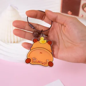 Cute cartoon acrylic keychain guinea pig shaker pendant with steel wire ring and bell charm.