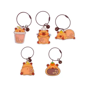 Cute cartoon capybara acrylic liquid shaker keychains set with steel wire rings and bells.