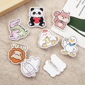 Cute Cartoon Animal Acrylic Brooch Pin Printed Duck Panda Cat Backpack Badge Accessories For School Children Kids Gift Jewelry