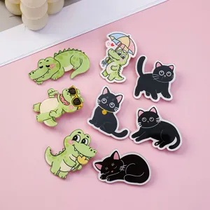 Cute Cartoon Black Cat Green Crocodile Acrylic Brooch Pins Cute Animal Printed Backpack Badges For Clothes School Bag Decor