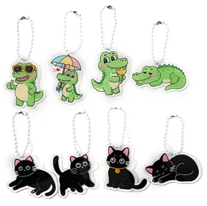 Cute acrylic cartoon cat and alligator keychain pendant with bead chain for school bag.