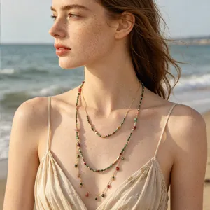 Collier de cuentas de piedra preciosa de turmalina natural multicapa hecho a mano, elegante.