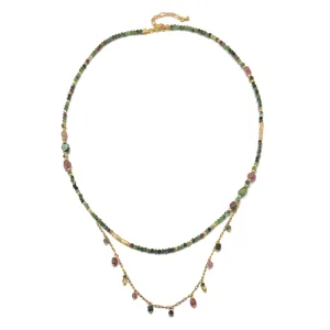 Collar de perlas de turmalina natural de doble capa hecho a mano con cadenas doradas.